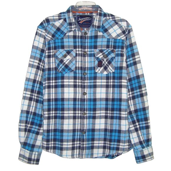 AMC Co. SUPREME Mens Blue White Flannel Plaid Long Sleeve Shirt Size L - Picture 1 of 12